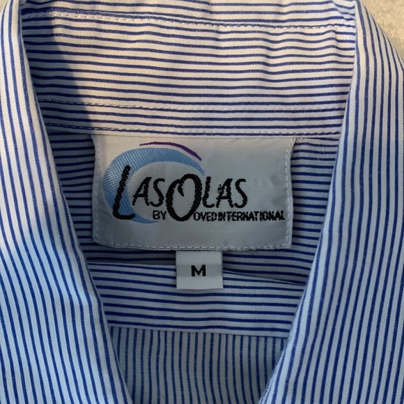 Las Olas Blue white Striped Button up Shirt Lighthouse Embroidery stars medium - Picture 6 of 8
